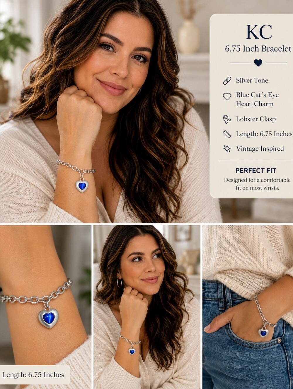 Vintage KC Silver Tone Blue Cat's Eye Heart Charm Chain Bracelet 6.75"